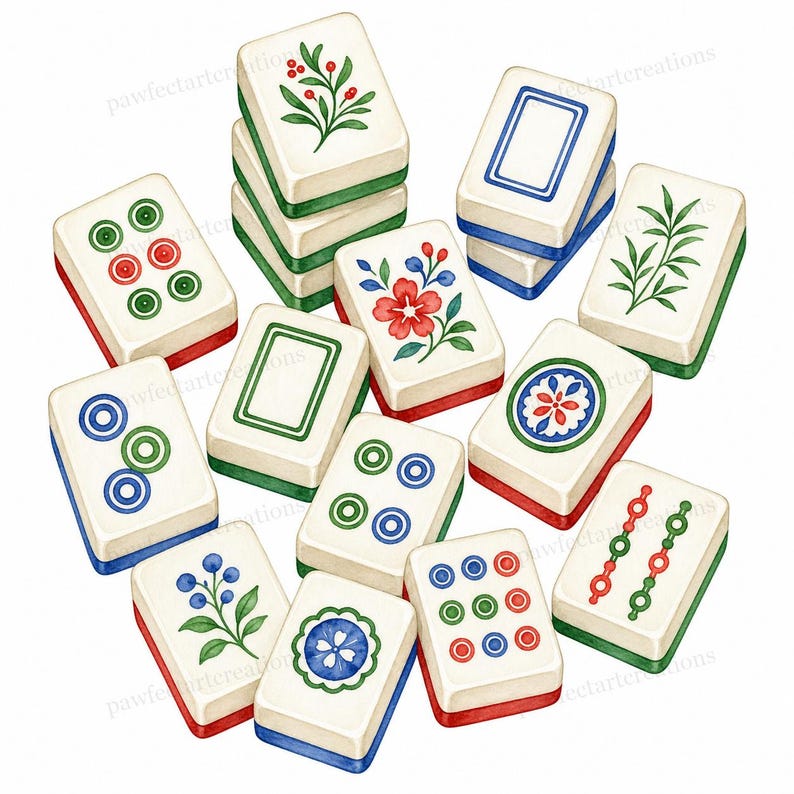 May include: A collection of watercolor Mahjong tiles. Each tile features a unique design, including flowers, berries, and geometric shapes. The tiles have a cream-colored face with red, green, and blue borders. The image showcases the variety of designs and colors.