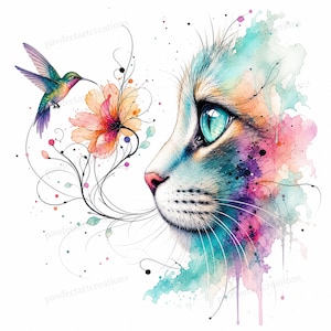 May include: A watercolor illustration featuring the profile of a cat with bright blue eyes, rendered in splashes of teal, pink, and purple. A hummingbird with iridescent green and purple feathers hovers near a delicate orange flower with thin black stems.