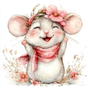 16 adorables imágenes prediseñadas de ratones bohemios, imágenes prediseñadas de ratones florales, acuarela imprimible, archivos JPG de alta calidad, manualidades de papel, diario basura, manualidades digitales