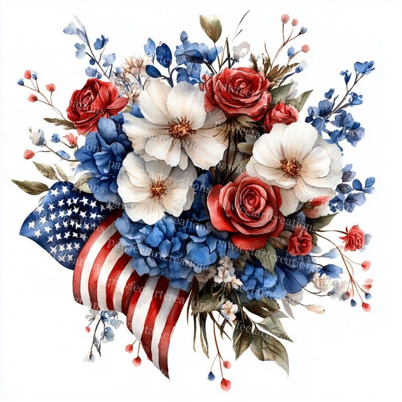 Patriotic Bouquet Clipart: 4th of July Watercolor Art (digital Download ...