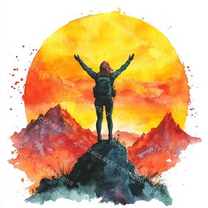 10 Silhouette Frau Wanderer Clipart, Wanderer am Gipfel, Bergwandern, druckbares Aquarell, hochwertige JPGs, Papercraft, Junk Journal