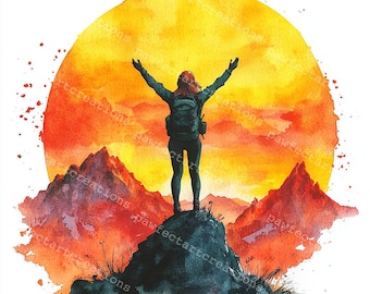 Watercolor Woman Hiker Clipart: Mountain Summit Art (Digital Download)