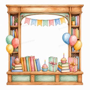May include: Watercolor illustration of a wooden bookshelf decorated for a celebration. The bookshelf is filled with colorful books, cupcakes, gifts, and balloons in shades of pink, blue, yellow, and green. A banner with colorful flags hangs across the top.