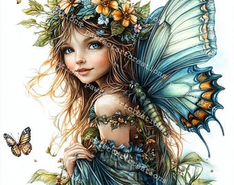 蝶の妖精のクリップアート：青と緑の水彩画の妖精（デジタル