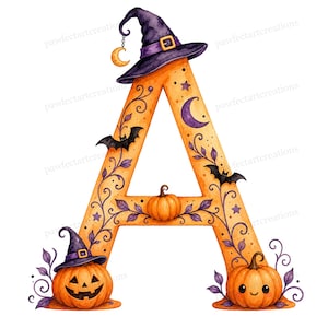 26 Witchy Kürbis Halloween Alphabet Cliparts, Gruselige Party Buchstaben, Aquarell JPG, digitaler Download, kommerzielle Nutzung