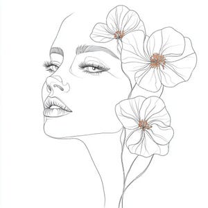 10 Frauen Gesicht Blumen Clipart, zarte Linie Kunst, minimalistisch, druckbares Aquarell, hochwertige JPGs, Papierzeug, Junk Journal
