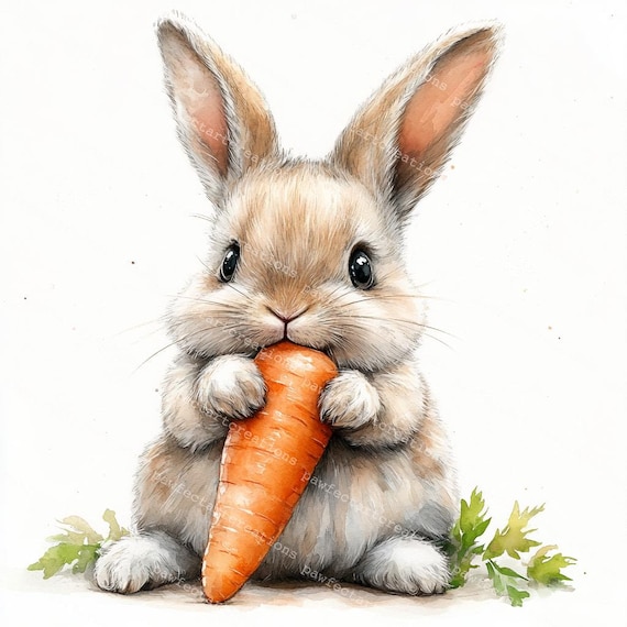 10 Fluffy Rabbits Clipart, Cute Bunny Eating Vegetables Clipart, Bunny Nursery, Printable Watercolor,High-Quality JPGs&PNGs,Junk Journal