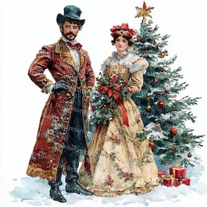 11 Victoriaanse kerstmis paar clipart, kerstafbeeldingen, afdrukbare aquarel, hoogwaardige JPG's, Papercraft, Junk Journal