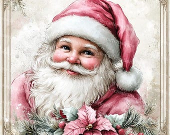 ピンクのヴィンテージサンタのクリップアート：クリスマス水彩画 JPG
