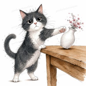 May include: A watercolour illustration of a black and white tuxedo cat standing on its hind legs, reaching out with one paw to touch a white ceramic vase filled with small pink flowers that is tipping over on the edge of a wooden table.