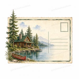 May include: A vintage-style postcard illustration featuring a log cabin nestled by a lake with tall pine trees and a red canoe on the rocky shore. The right side of the postcard includes a blank stamp box and horizontal lines for writing an address.