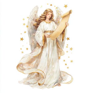 Puede incluir: Ilustración en acuarela de un ángel con un vestido blanco fluido con detalles dorados. El ángel tiene cabello rubio largo y ondulado y sostiene un pergamino. Estrellas doradas y un halo rodean al ángel, creando un tema celestial.