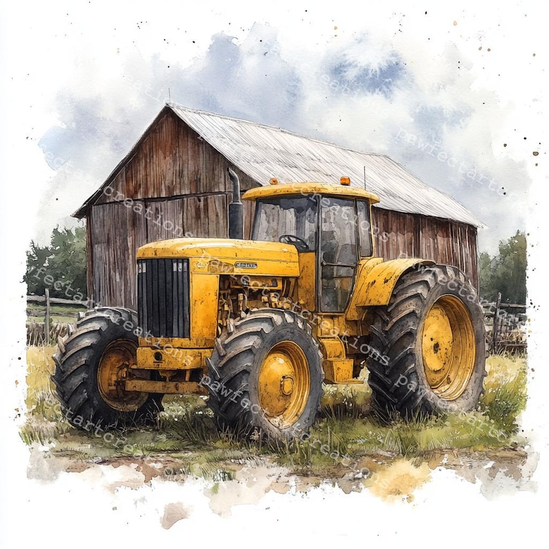 12 Farm yellow Tractor Clipart, Old Tractor Clipart, Printable Watercolor, High-Quality JPGs, Papercraft, Junk Journal, Digital Craft