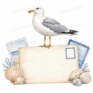 May include: A watercolor illustration featuring a white and gray seagull standing atop a blank, rectangular, cream-colored card. The scene includes two blue postage stamps depicting coastal views, various seashells, and light blue coral accents.