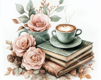 Clipart de café y libros: Arte de acuarela acogedor, gráficos de diario basura (descarga digital)