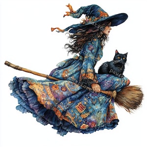 10 eigenzinnige heks op een bezem clipart, heks met zwarte kat, griezelige heks, afdrukbare aquarel, hoogwaardige JPG's, Papercraft, Junk Journal