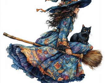 Quirky Witch Clipart: Broom & Black Cat Watercolor (JPG Digital Download)
