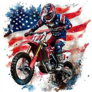 May include: A red, white, and blue motocross bike with a rider wearing a matching helmet and jersey. The bike is in mid-air, with the American flag in the background.
