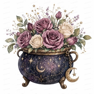 May include: A dark purple cauldron with gold celestial moon and star motifs, featuring three ornate feet and a hanging crescent moon charm. The cauldron is filled with a bouquet of deep purple and cream roses, green leaves, and small gold stars.