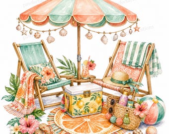 20 imágenes prediseñadas de sillas con sombrillas para playa, manualidades de verano para vacaciones en la playa, imágenes JPG en acuarela, descarga digital, uso comercial.