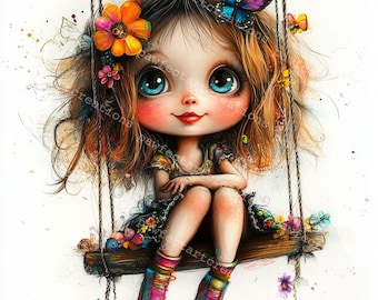 10 Girl On Swing Clipart: Watercolor Floral Art, Junk Journal (Digital Download, JPGs, 4096x4096px)