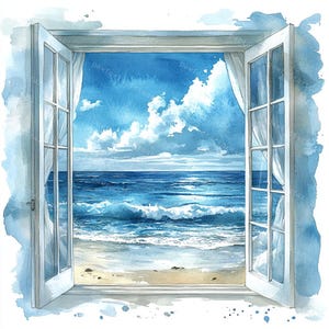 Puede incluir: Una pintura de acuarela de una ventana con cortinas blancas abiertas que revelan una vista de un océano azul con olas blancas rompiendo en una playa de arena. El cielo es azul con nubes blancas.