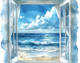 月明かりに照らされた窓の水彩画クリップアート：夜空の風景（デジタル