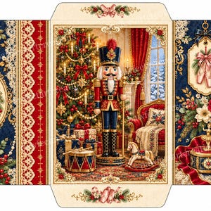 May include: A flat, unfolded paper envelope template featuring a central illustration of a nutcracker in a room with a Christmas tree, gifts, and a rocking horse. The side panels display ballet slippers, red roses, and lace patterns on a dark blue background.