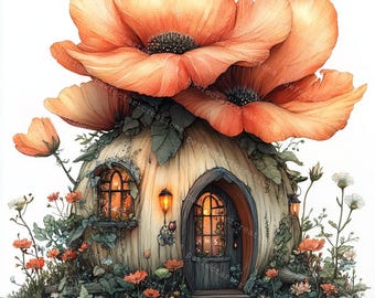Può includere: Un cottage fantasioso con una porta e una finestra, incastonato sotto due grandi fiori di papavero arancioni. Il cottage è circondato da vegetazione verde e piccoli fiori arancioni.