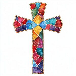 May include: A colorful stained-glass cross with a gold outline. The cross features a mosaic of red, blue, yellow, green, and purple glass pieces. The words "pawstar creations" are visible on the cross.