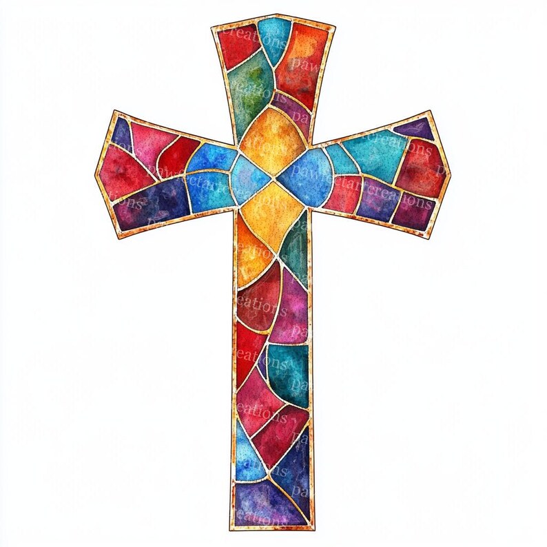May include: A colorful stained-glass cross with a gold outline. The cross features a mosaic of red, blue, yellow, green, and purple glass pieces. The words "pawstar creations" are visible on the cross.