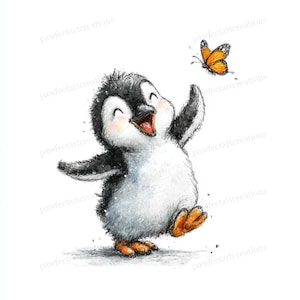 May include: Watercolor illustration of a happy penguin with black and white feathers, orange feet, and a smiling face. The penguin is reaching for a butterfly with orange and black wings. The artwork is on a white background.
