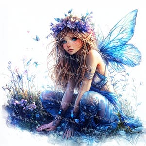 10 Clipart di fate floreali blu, fate dei fiori, fate della foresta, acquerelli stampabili, JPG di alta qualità, carta, diario di scarto, artigianato digitale