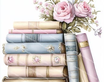 Pastel Book Flowers Clipart: Shabby Chic Watercolor Books (JPG Digital Download)