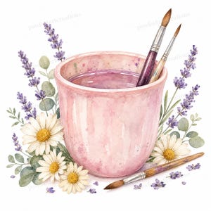 May include: Watercolor illustration of a pink cup filled with purple liquid and paintbrushes. The cup is surrounded by white daisies, lavender sprigs, and green leaves. The image has a soft, artistic feel.
