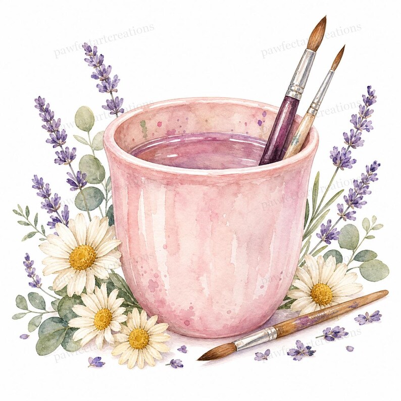 May include: Watercolor illustration of a pink cup filled with purple liquid and paintbrushes. The cup is surrounded by white daisies, lavender sprigs, and green leaves. The image has a soft, artistic feel.