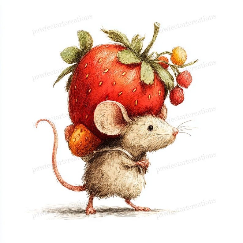 26 Mouse With Fruits Clipart, Whimsical Fruit Mouse, Cute Mouse and ...