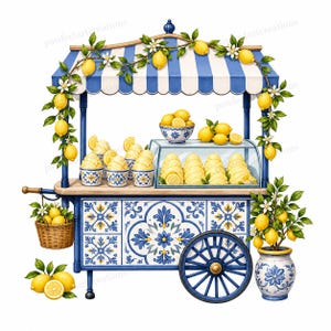 May include: A mobile cart with a blue and white striped canopy, decorated with lemon vines. The cart features blue and white patterned tiles, a glass display case filled with yellow scoops, and a basket of lemons hanging from the side handle.