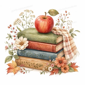 May include: Watercolor illustration of a stack of four books in green, red, blue, and tan. A red apple sits atop the books, with a plaid scarf draped over them. The books are surrounded by fall foliage, flowers, and leaves.
