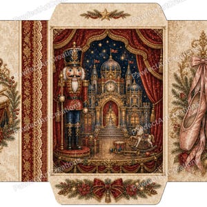 May include: A flat envelope template featuring a central illustration of a nutcracker standing before a castle stage with red curtains. The left panel shows a drum with a crown, and the right panel displays ballet slippers with red roses.