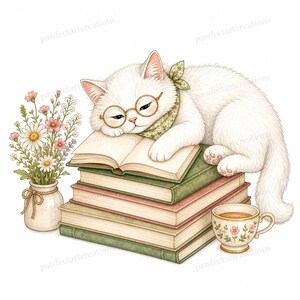20 Cottagecore Reading Cats Clipart