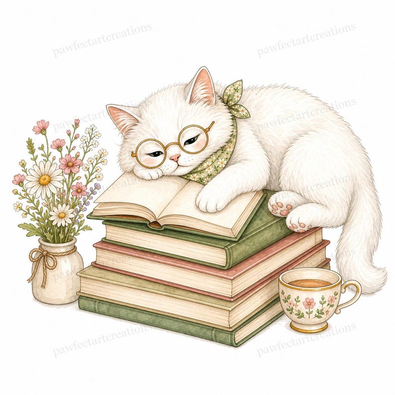 20 Cottagecore Reading Cats Clipart