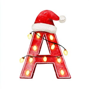 Peut inclure: Une lettre "A" rouge ornée d'un bonnet de Père Noël et de guirlandes lumineuses. La lettre est illuminée par des ampoules jaunes chaudes, et le chapeau a une bordure blanche et un pompon blanc. Design festif pour Noël.