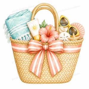 Puede incluir: Ilustración de acuarela de una bolsa de playa de paja llena de artículos de verano. La bolsa contiene una toalla de playa azul claro, protector solar, gafas de sol, conchas marinas y una flor de hibisco. Un gran lazo rosa y blanco adorna el frente.
