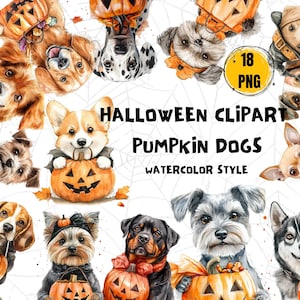 18 Bundle de clipart chien Halloween, clipart aquarelle imprimable, téléchargement numérique, PNG de haute qualité, créations en papier, journal indésirable, des bonbons ou un sort