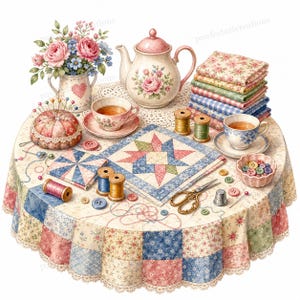 Könnte beinhalten: Ein runder Tisch mit einer Patchwork-Tischdecke zeigt eine Teekanne, zwei Teetassen, eine Blumenvase, ein Nadelkissen, Garnrollen, eine Schere, einen Fingerhut, eine Schale mit Knöpfen und gefaltete Stoffquadrate mit Blumen- und geometrischen Mustern.