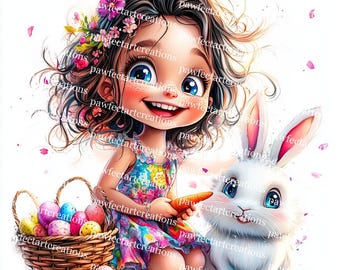 10 Happy Easter Girl with Bunny Clipart: Watercolor Easter Eggs (Digital Download)