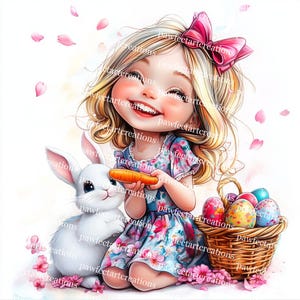 Easter Girl with Bunny Clipart: Watercolor Easter Eggs (Digital Download)