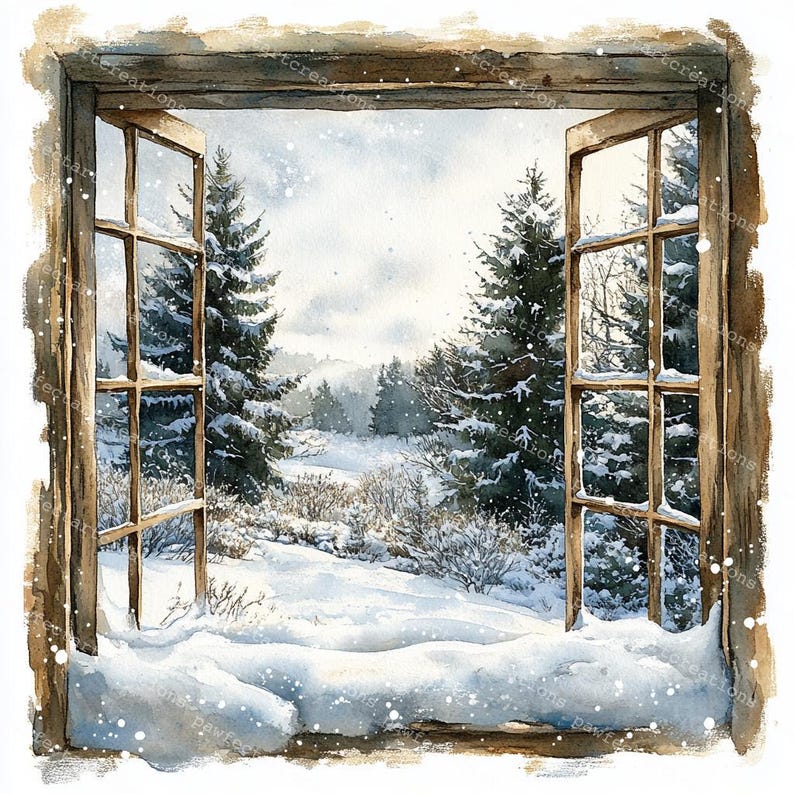 Winter Window View Clipart: Christmas Landscape Watercolor (digital ...