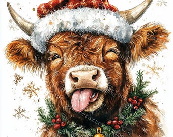 10 Christmas Highland Cow Clipart: Funny Watercolor Farm Animal (Digital Download)